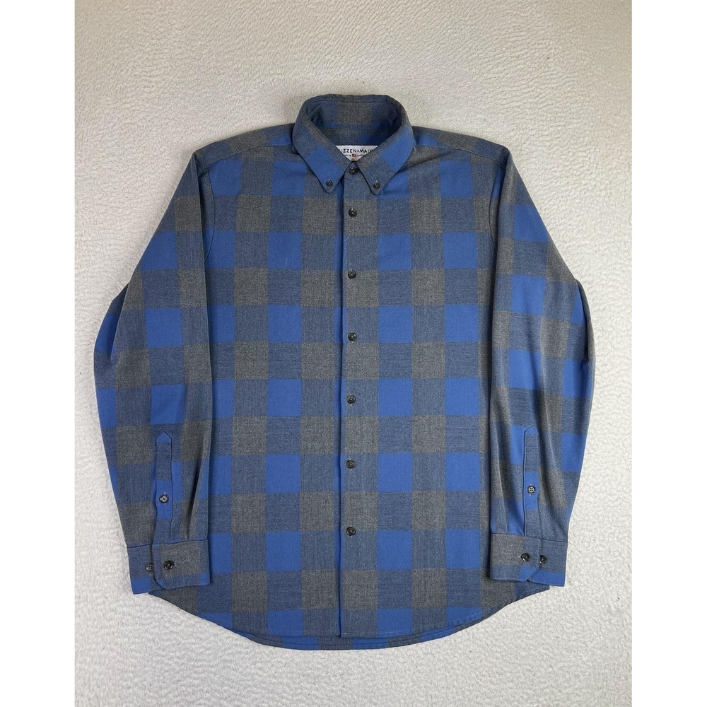 Mizzen+Main Shirt Mens Large Blue Plaid Long Sleeve Button Up Trim Fit Stretch